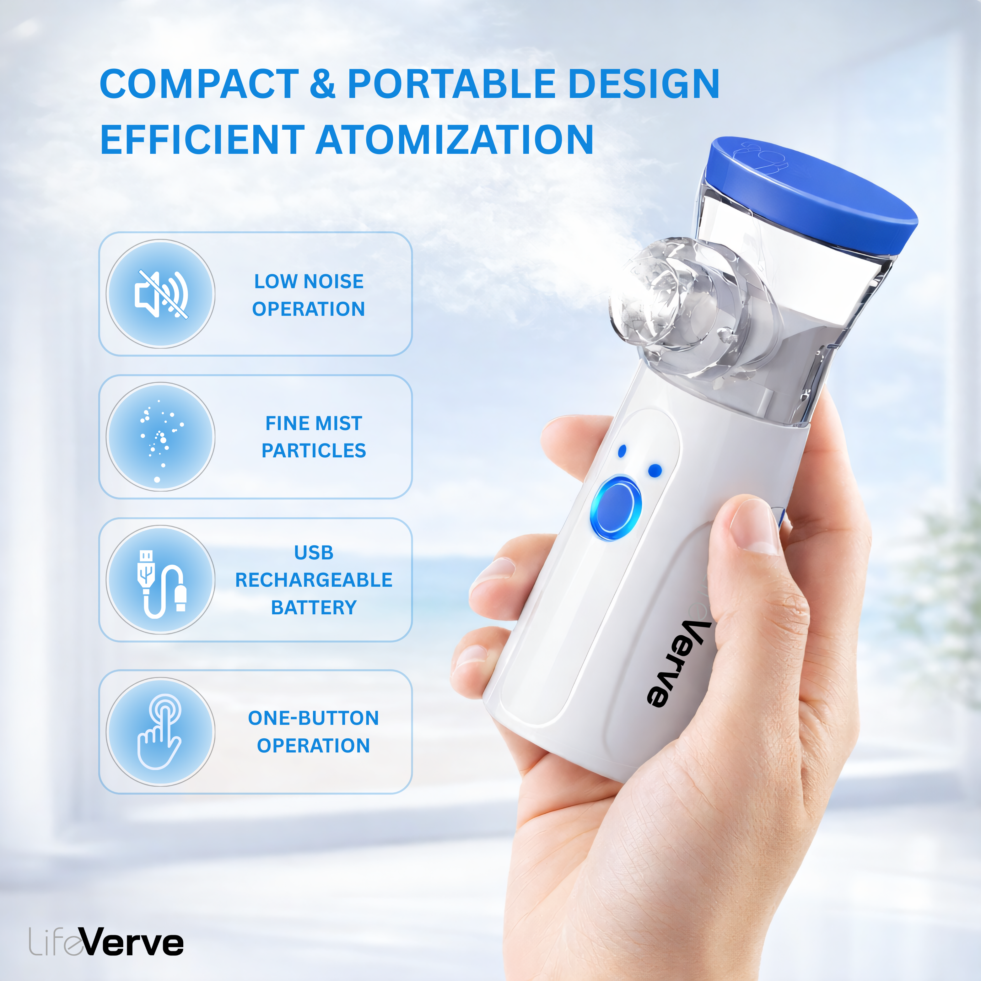 LifeVerve Portable Mesh Nebulizer – Silent, USB Rechargeable Inhaler for Adults & Kids